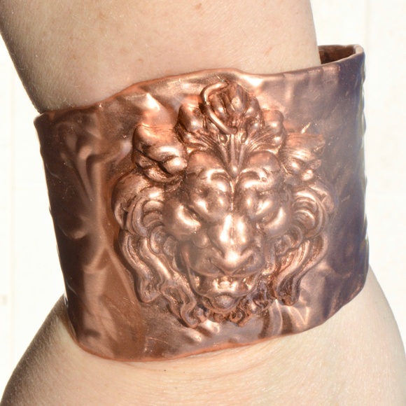 Conceptual Subculture Jewelry - Copper Lion Cuff Bracelet Wide Warrior Handmade